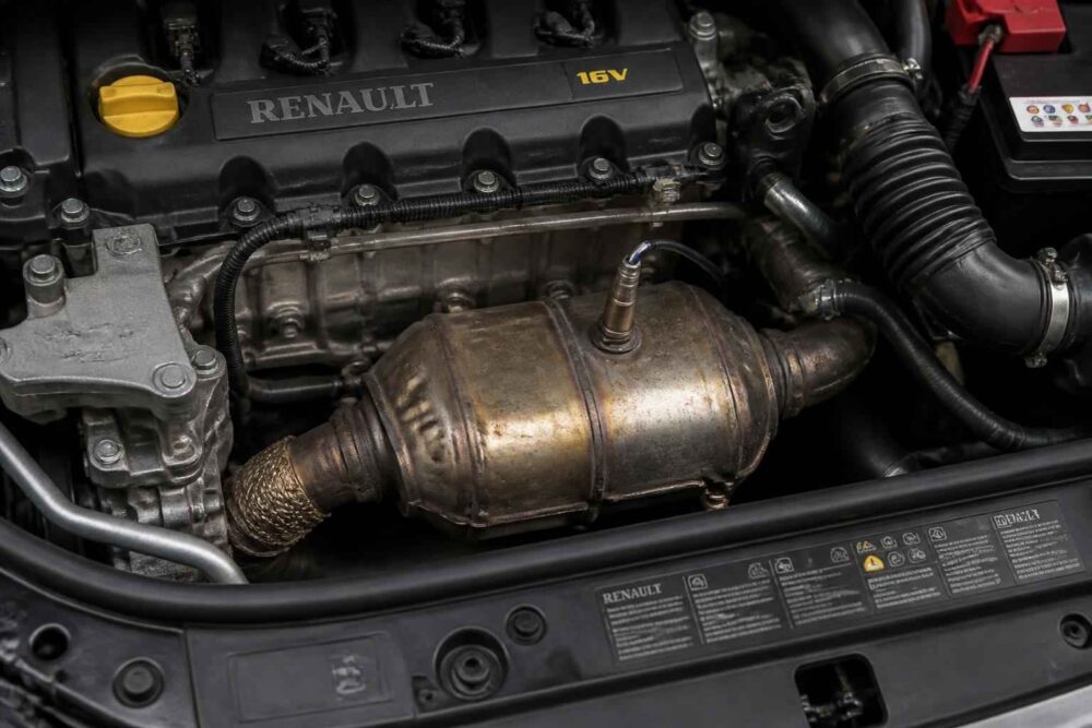 Zbliżenie na metalowy katalizator i silnik Renault 16V pod maską auta