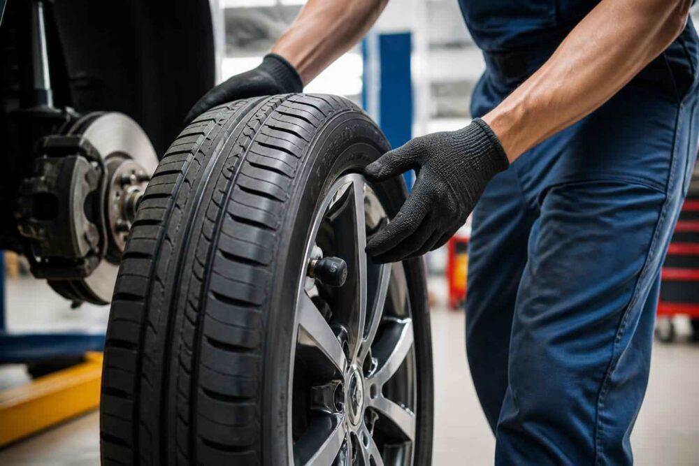 Mechanik w rękawiczkach montuje nowe koło samochodowe w warsztacie serwisowym