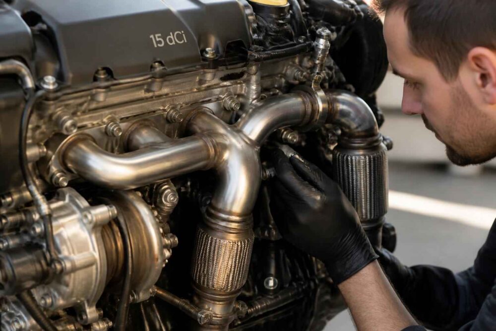 Mechanik w rękawicach pracuje przy turbosprężarce i przewodach silnika Diesla