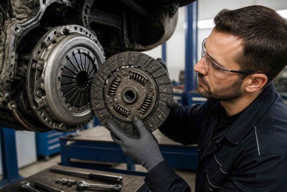 Mechanik w rękawicach trzyma tarczę sprzęgła przy kole zamachowym samochodu
