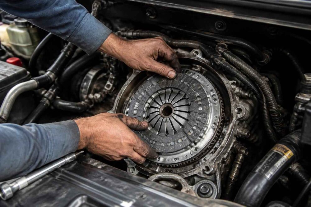 Mechanik montuje elementy sprzęgła wewnątrz komory silnika samochodu