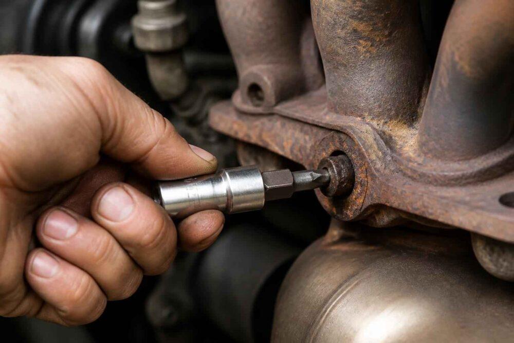 Mechanik odkręca zardzewiałą śrubę przy kolektorze silnika w komorze samochodu