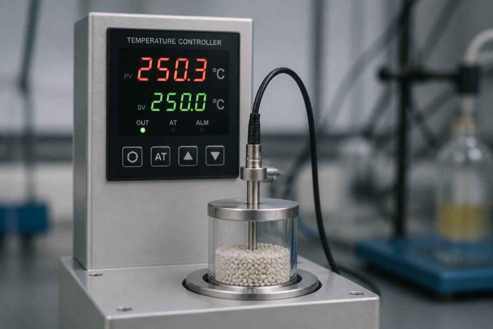 Sterownik temperatury wskazujący 250,3°C i 250,0°C nad pojemnikiem z białymi granulkami