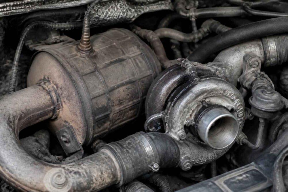 Zbliżenie na turbosprężarkę i filtr cząstek stałych w komorze silnika samochodu