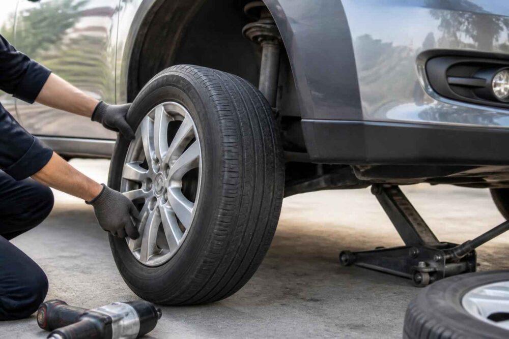 Mechanik wymienia koło w samochodzie podniesionym na podnośniku hydraulicznym