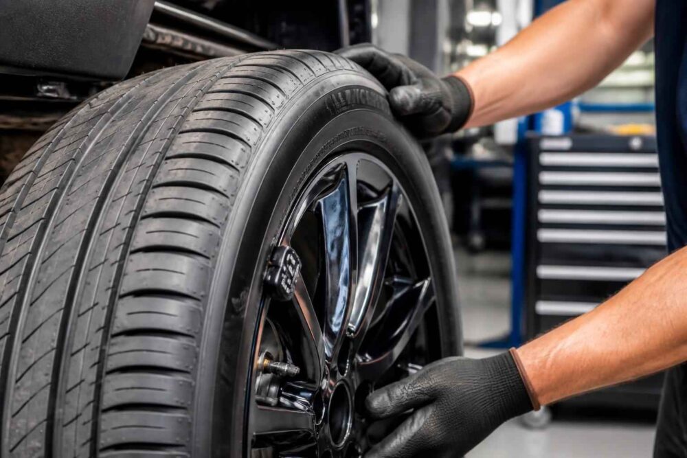 Mechanik w rękawiczkach zakłada oponę na aluminiową felgę w warsztacie samochodowym