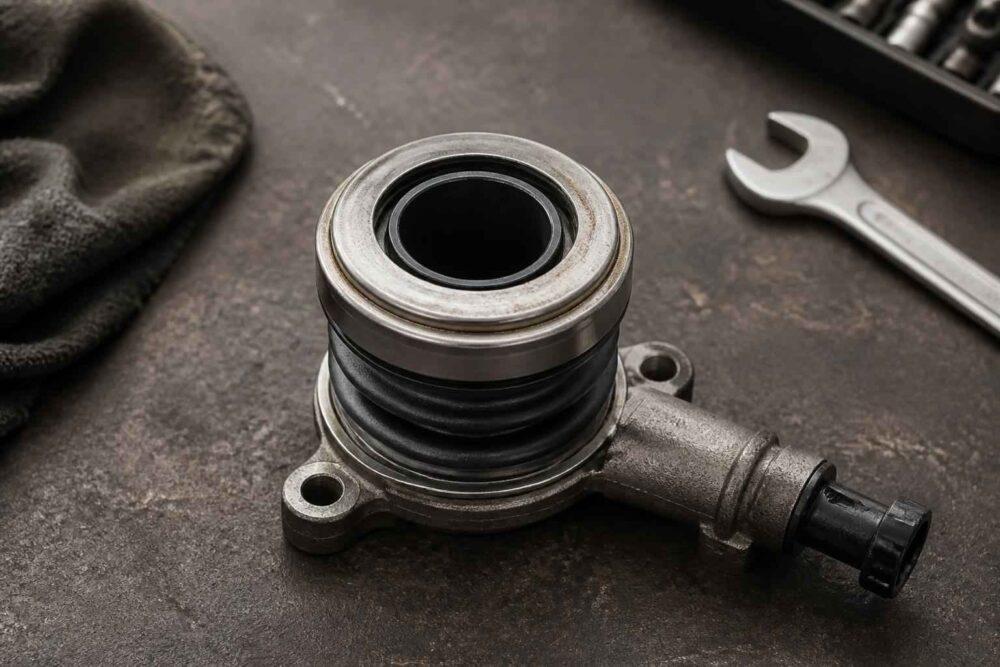 Metalowy wysprzęglik hydrauliczny sprzęgła na warsztatowym blacie obok klucza płaskiego
