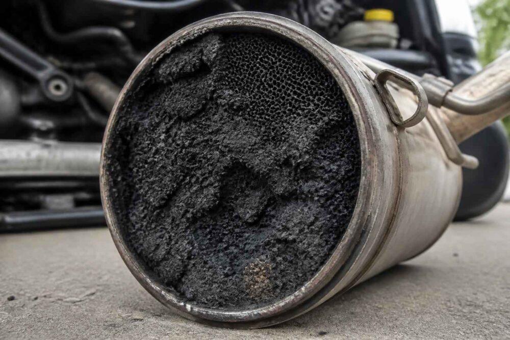 Silnie zapchany filtr DPF z nagromadzoną sadzą, sfotografowany przy samochodzie