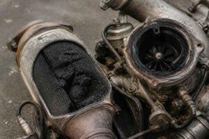 Zużyta turbosprężarka z widocznym zabrudzonym filtrem powietrza i wirnikiem turbiny