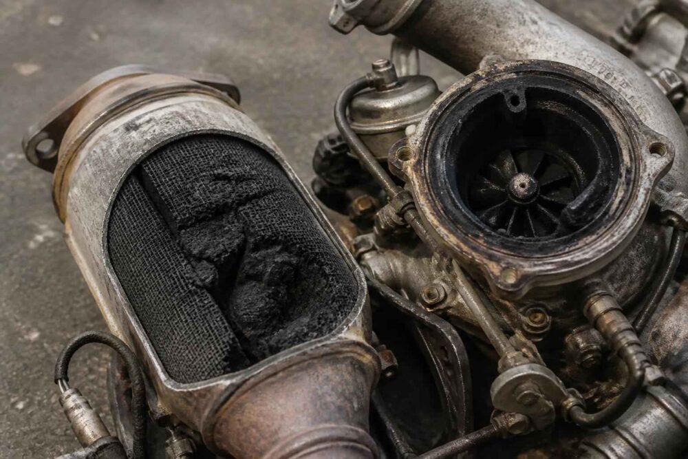 Zużyta turbosprężarka z widocznym zabrudzonym filtrem powietrza i wirnikiem turbiny